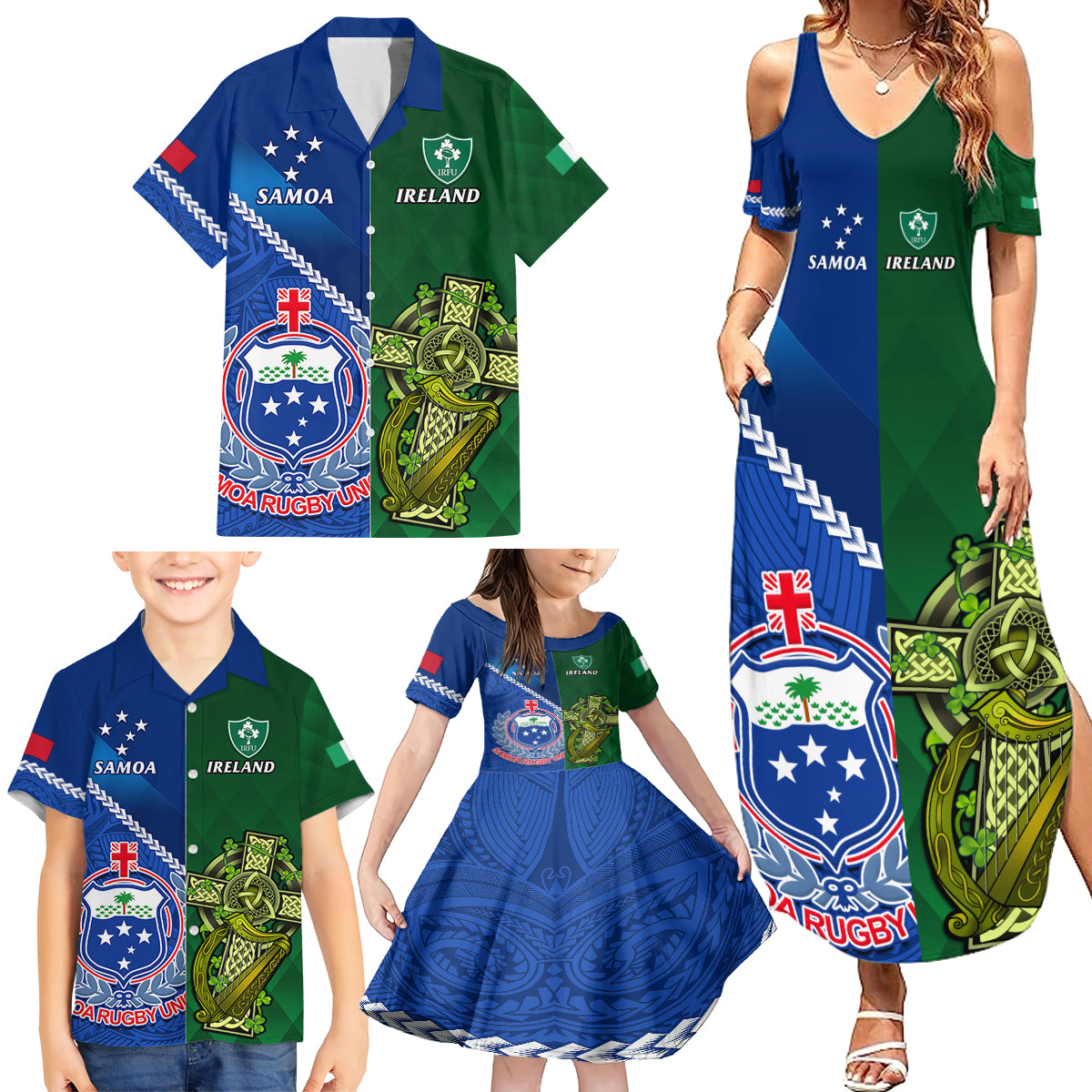 Samoa And Ireland Rugby Family Matching Summer Maxi Dress and Hawaiian Shirt 2023 World Cup Manu Samoa With Shamrocks - Wonder Print Shop