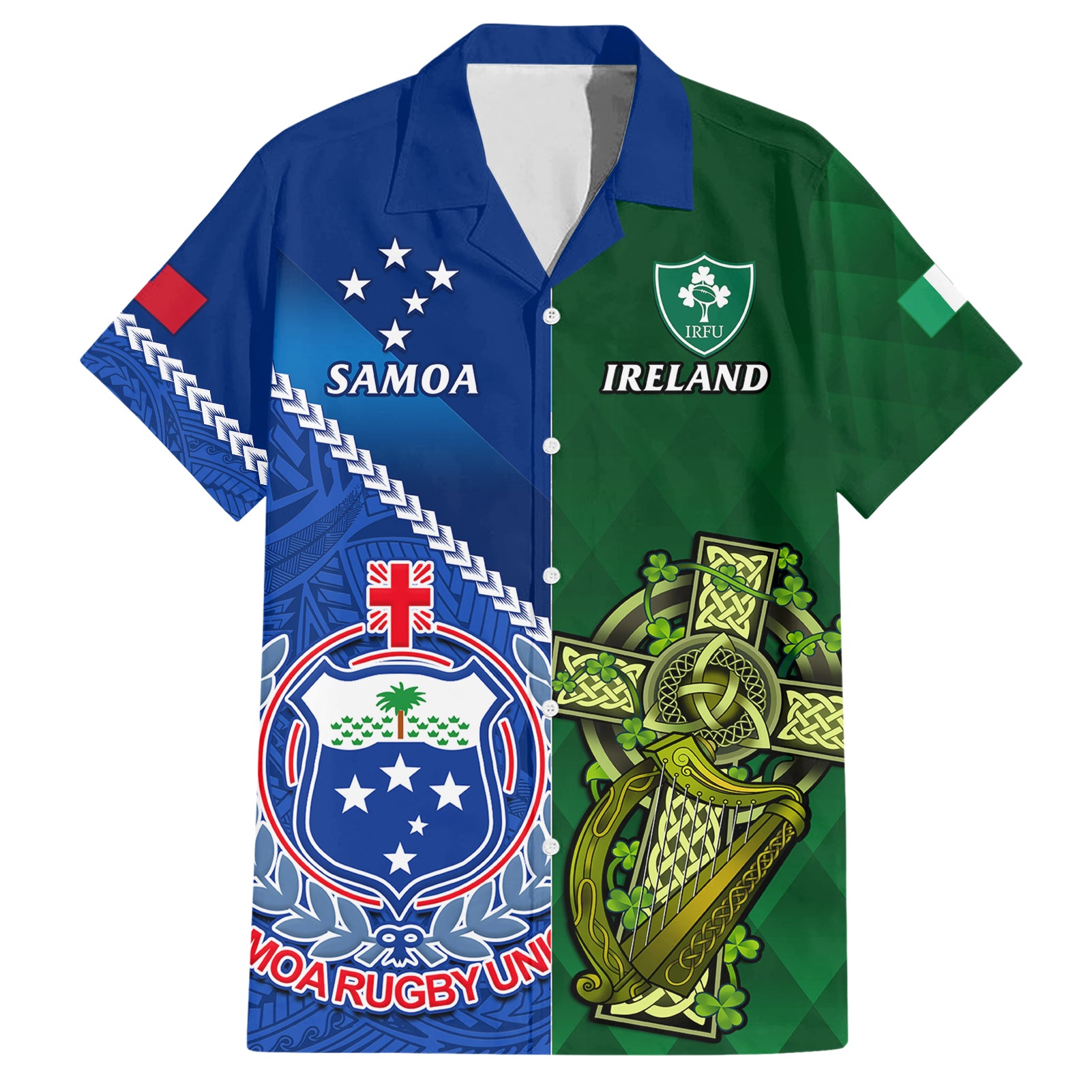 Samoa And Ireland Rugby Hawaiian Shirt 2023 World Cup Manu Samoa With Shamrocks - Wonder Print Shop