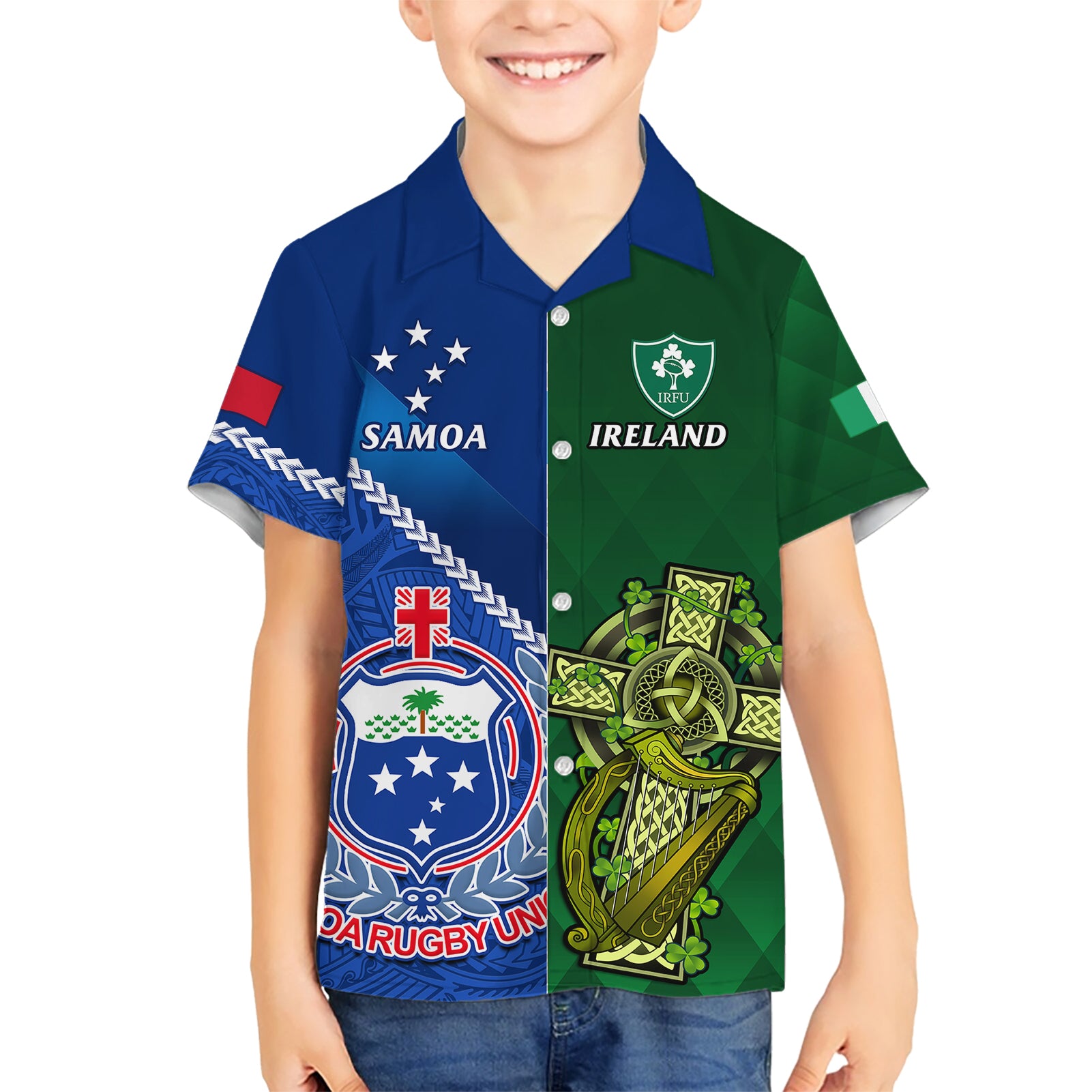 Samoa And Ireland Rugby Kid Hawaiian Shirt 2023 World Cup Manu Samoa With Shamrocks - Wonder Print Shop