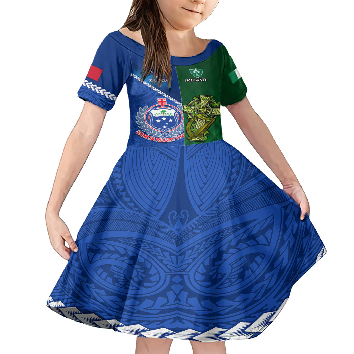 Samoa And Ireland Rugby Kid Short Sleeve Dress 2023 World Cup Manu Samoa With Shamrocks - Wonder Print Shop