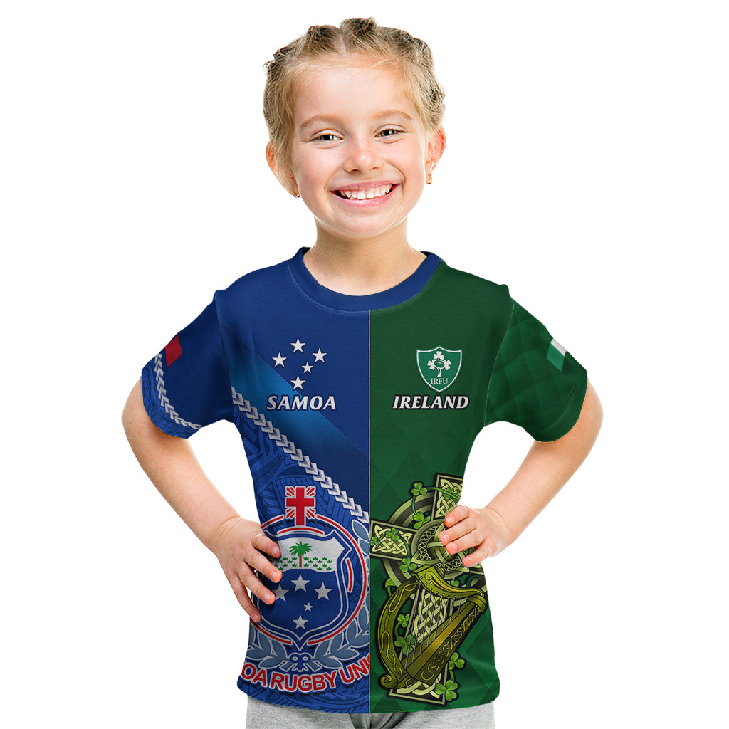 Samoa And Ireland Rugby Kid T Shirt 2023 World Cup Manu Samoa With Shamrocks - Wonder Print Shop