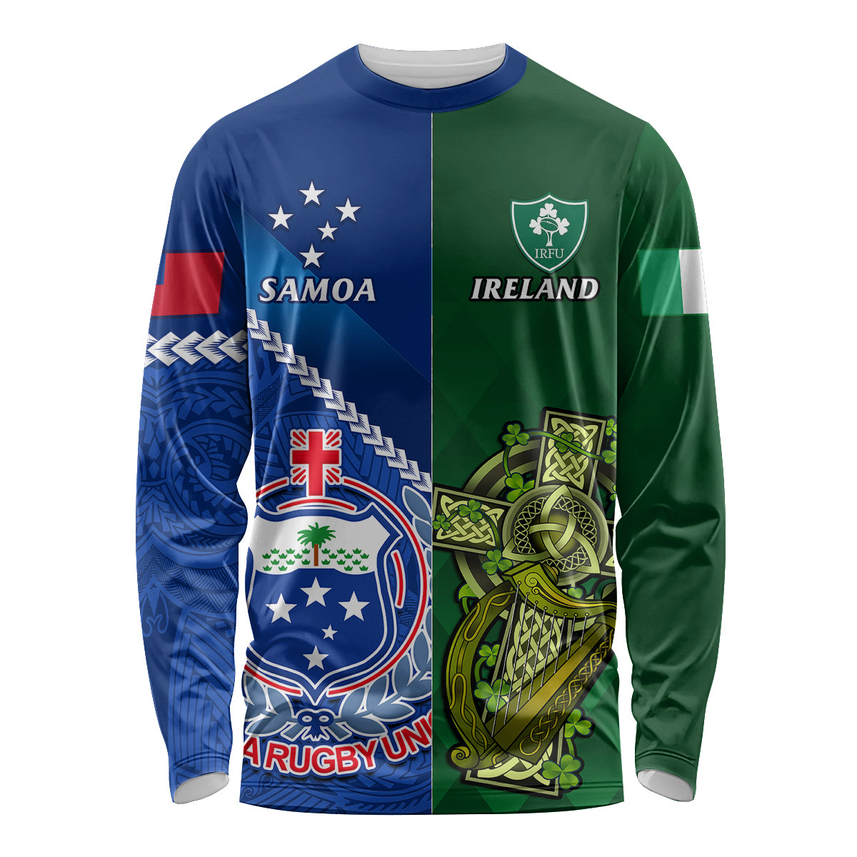 Samoa And Ireland Rugby Long Sleeve Shirt 2023 World Cup Manu Samoa With Shamrocks - Wonder Print Shop