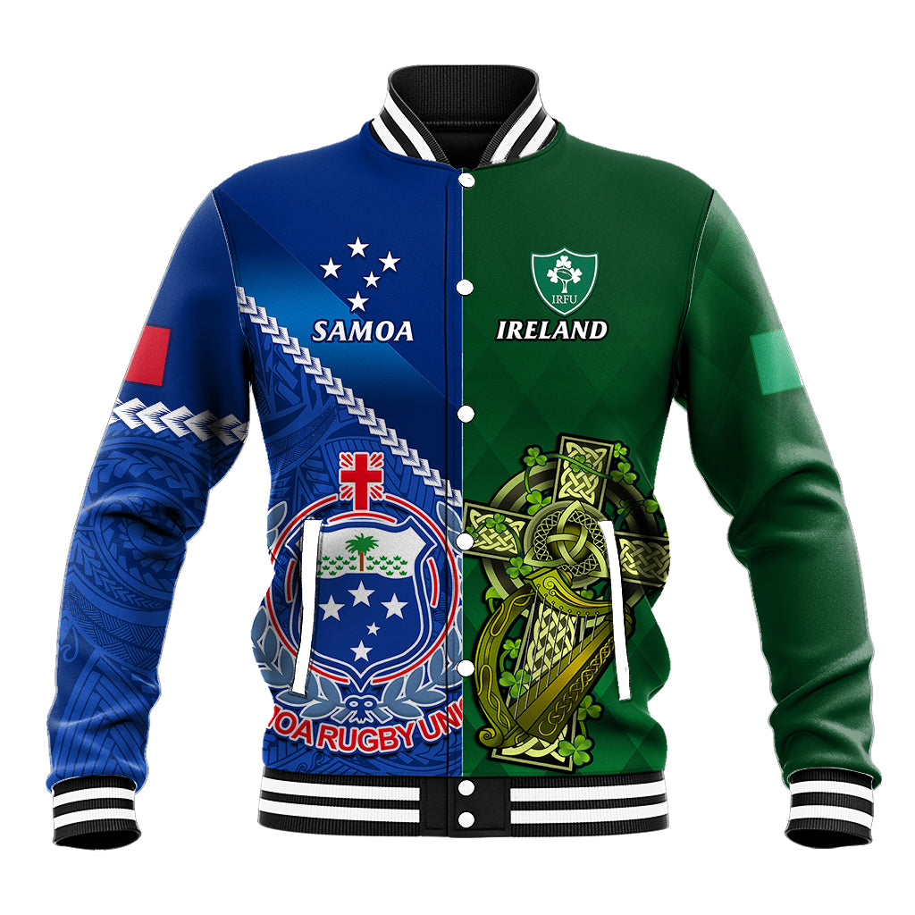 Color-block rugby baseball jacket, blue and green with patches and button front