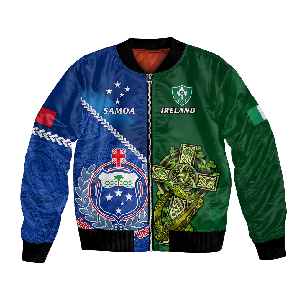 Unisex blue green rugby bomber jacket with zip front, crest patches, and knit cuffs