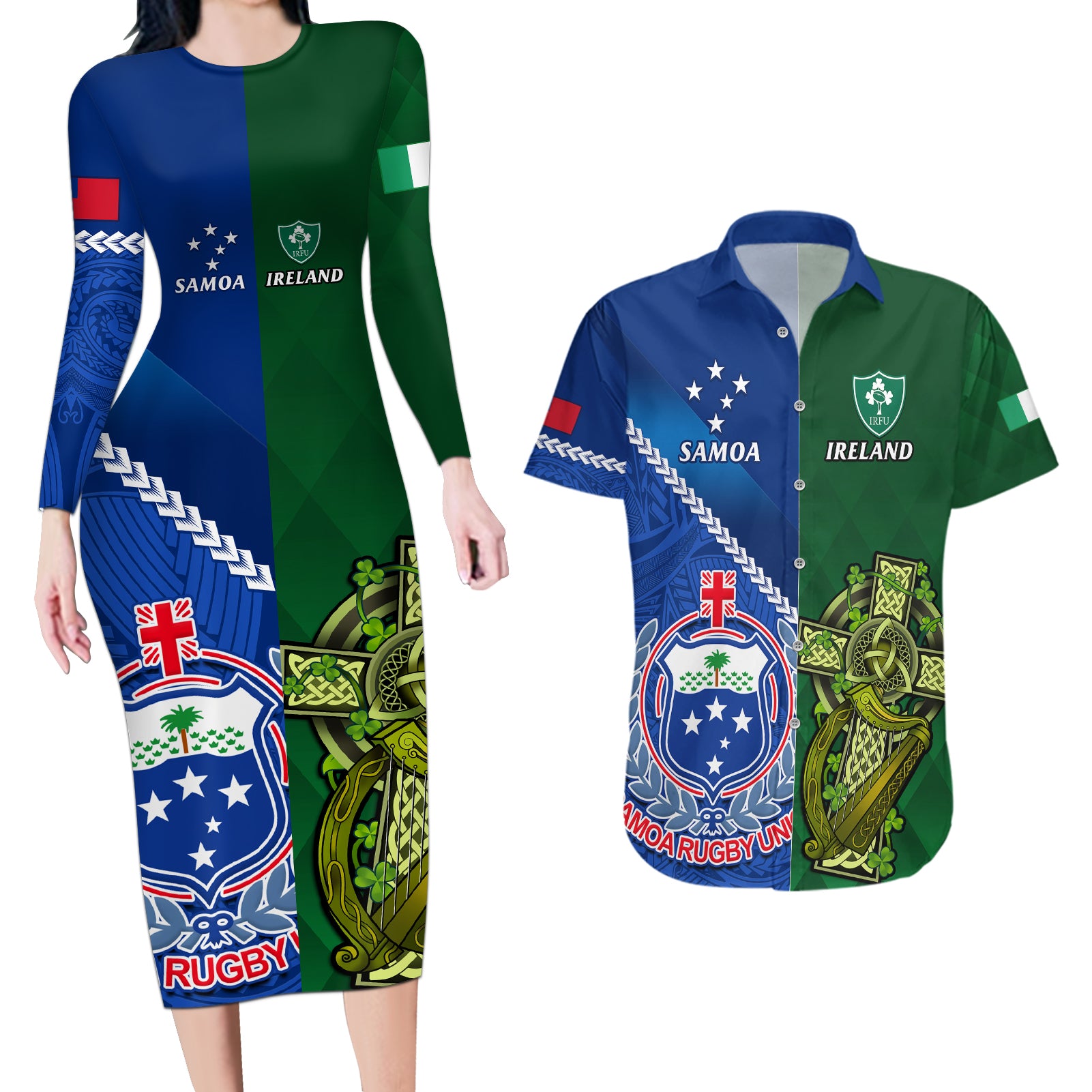 Custom Samoa And Ireland Rugby Couples Matching Long Sleeve Bodycon Dress and Hawaiian Shirt 2023 World Cup Manu Samoa With Shamrocks - Wonder Print Shop