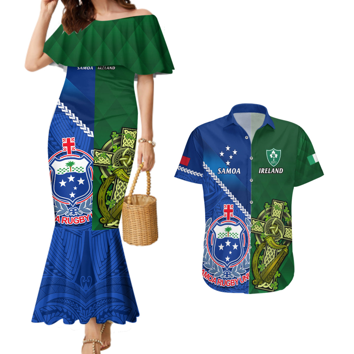 Custom Samoa And Ireland Rugby Couples Matching Mermaid Dress and Hawaiian Shirt 2023 World Cup Manu Samoa With Shamrocks - Wonder Print Shop