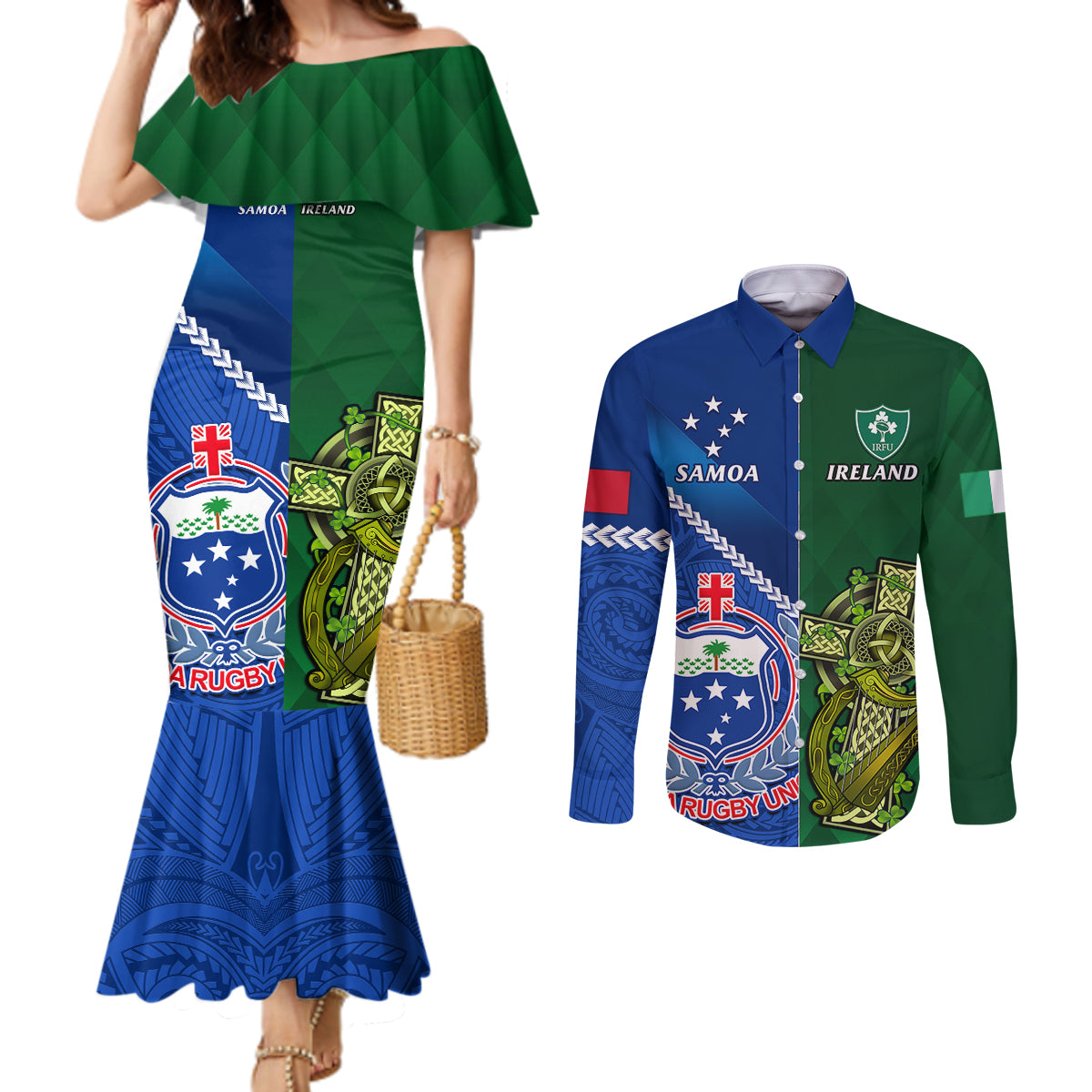 custom-samoa-and-ireland-rugby-couples-matching-mermaid-dress-and-long-sleeve-button-shirts-2023-world-cup-manu-samoa-with-shamrocks