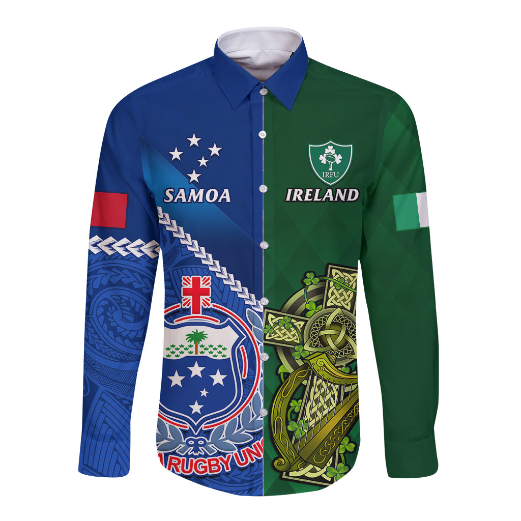 Long sleeve rugby button shirt in blue and green with Samoa and Ireland crests