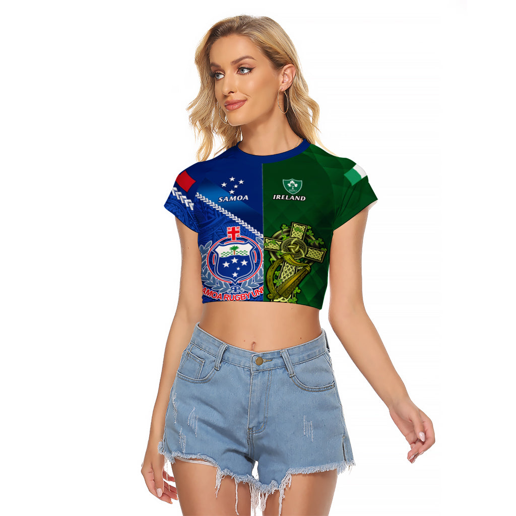 Custom Samoa And Ireland Rugby Raglan Cropped T Shirt 2023 World Cup Manu Samoa With Shamrocks - Wonder Print Shop