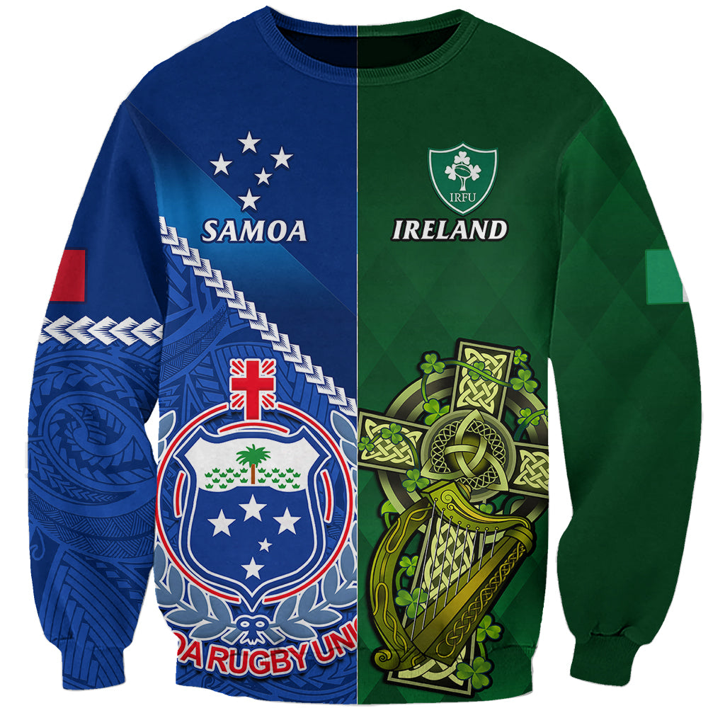 Two-tone rugby sweatshirt with Samoa and Ireland crests, blue and green panels.