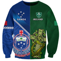 Two-tone rugby sweatshirt with Samoa and Ireland crests, blue and green panels.