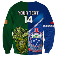 Rugby sweatshirt back with YOUR TEXT 14, Samoa crest on blue, green panel.