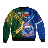 Unisex green/blue bomber jacket, back view with Springboks and Manu Samoa graphics