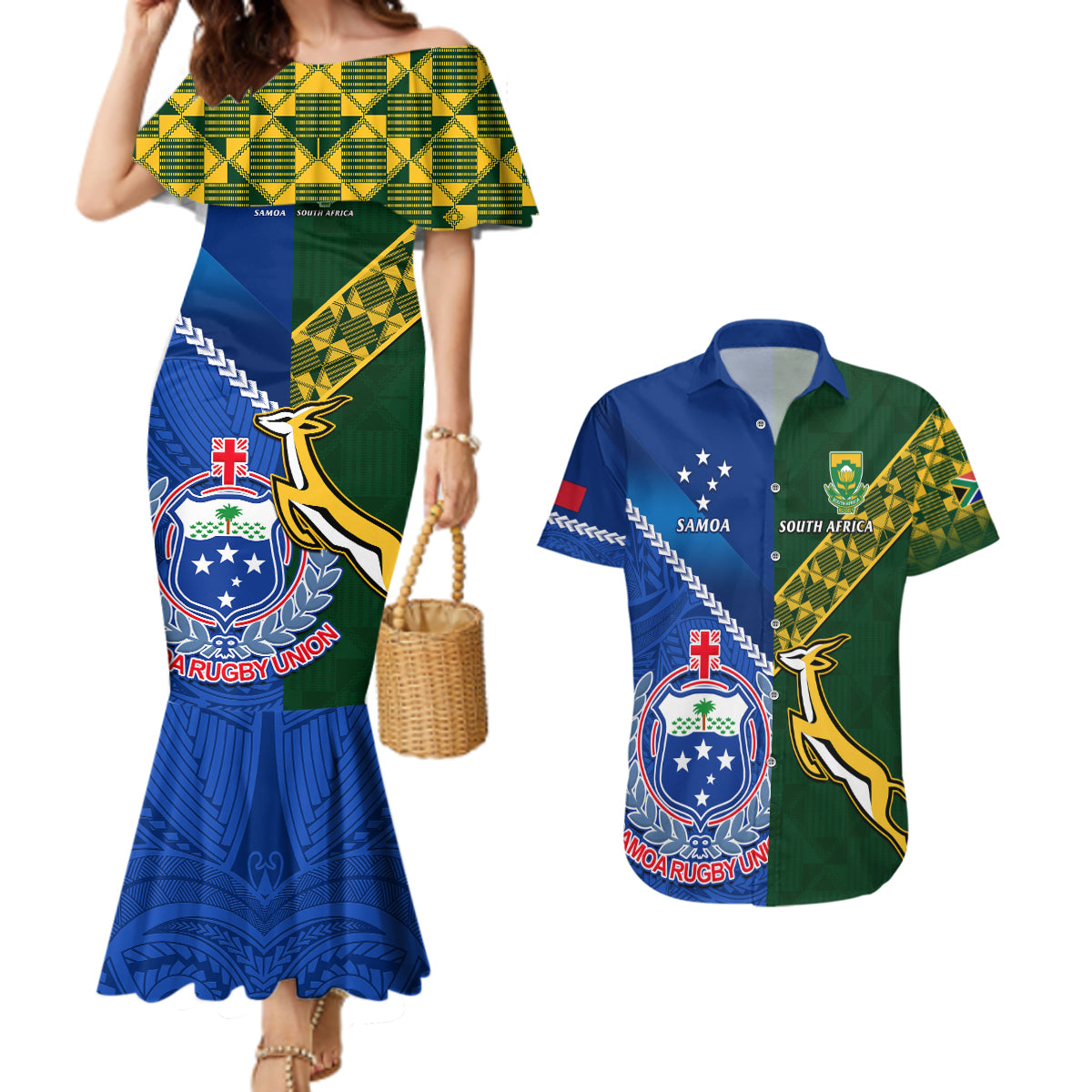 Samoa And South Africa Rugby Couples Matching Mermaid Dress and Hawaiian Shirt 2023 World Cup Manu Samoa With Springboks - Wonder Print Shop