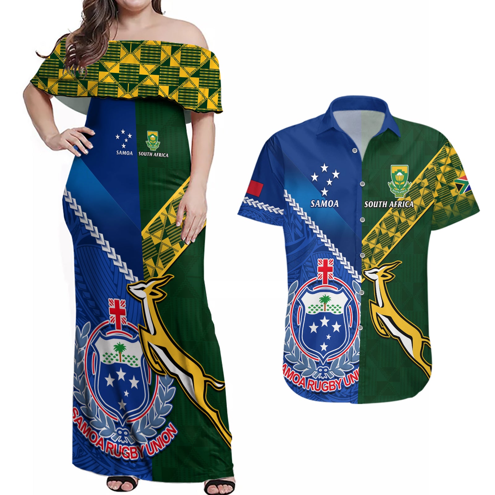 Samoa And South Africa Rugby Couples Matching Off Shoulder Maxi Dress and Hawaiian Shirt 2023 World Cup Manu Samoa With Springboks - Wonder Print Shop