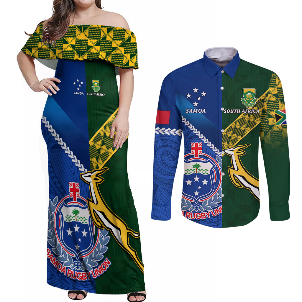 Samoa And South Africa Rugby Couples Matching Off Shoulder Maxi Dress and Long Sleeve Button Shirts 2023 World Cup Manu Samoa With Springboks - Wonder Print Shop