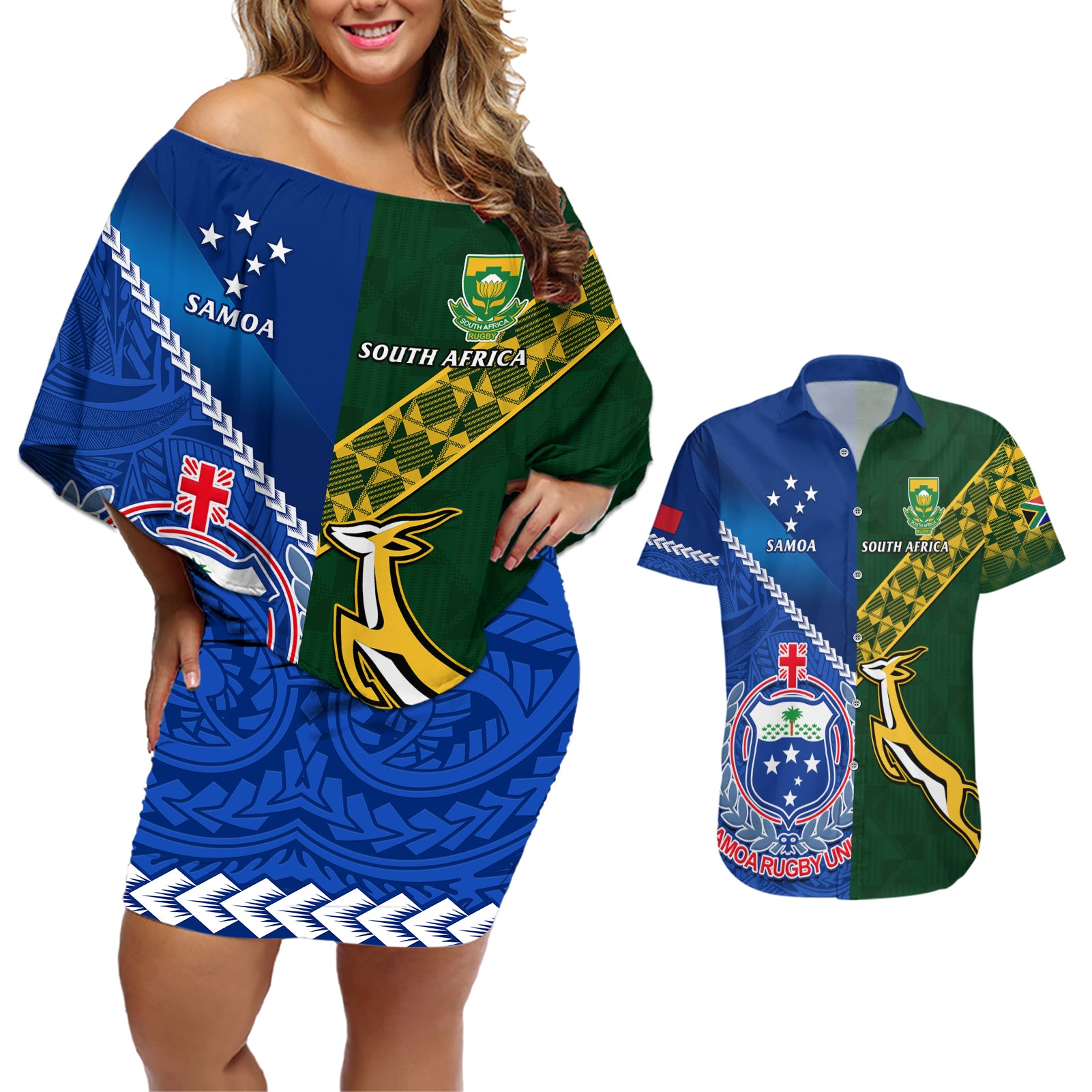 Samoa And South Africa Rugby Couples Matching Off Shoulder Short Dress and Hawaiian Shirt 2023 World Cup Manu Samoa With Springboks - Wonder Print Shop