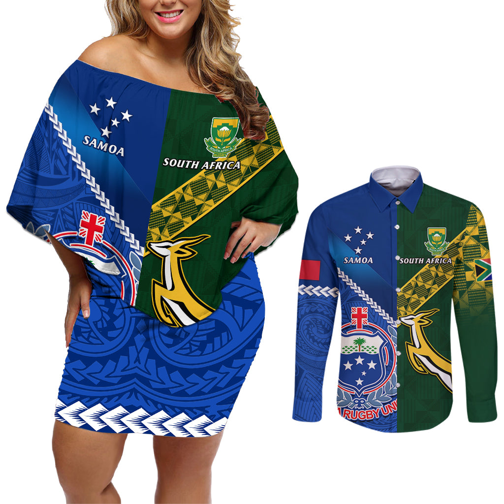 Samoa And South Africa Rugby Couples Matching Off Shoulder Short Dress and Long Sleeve Button Shirts 2023 World Cup Manu Samoa With Springboks - Wonder Print Shop