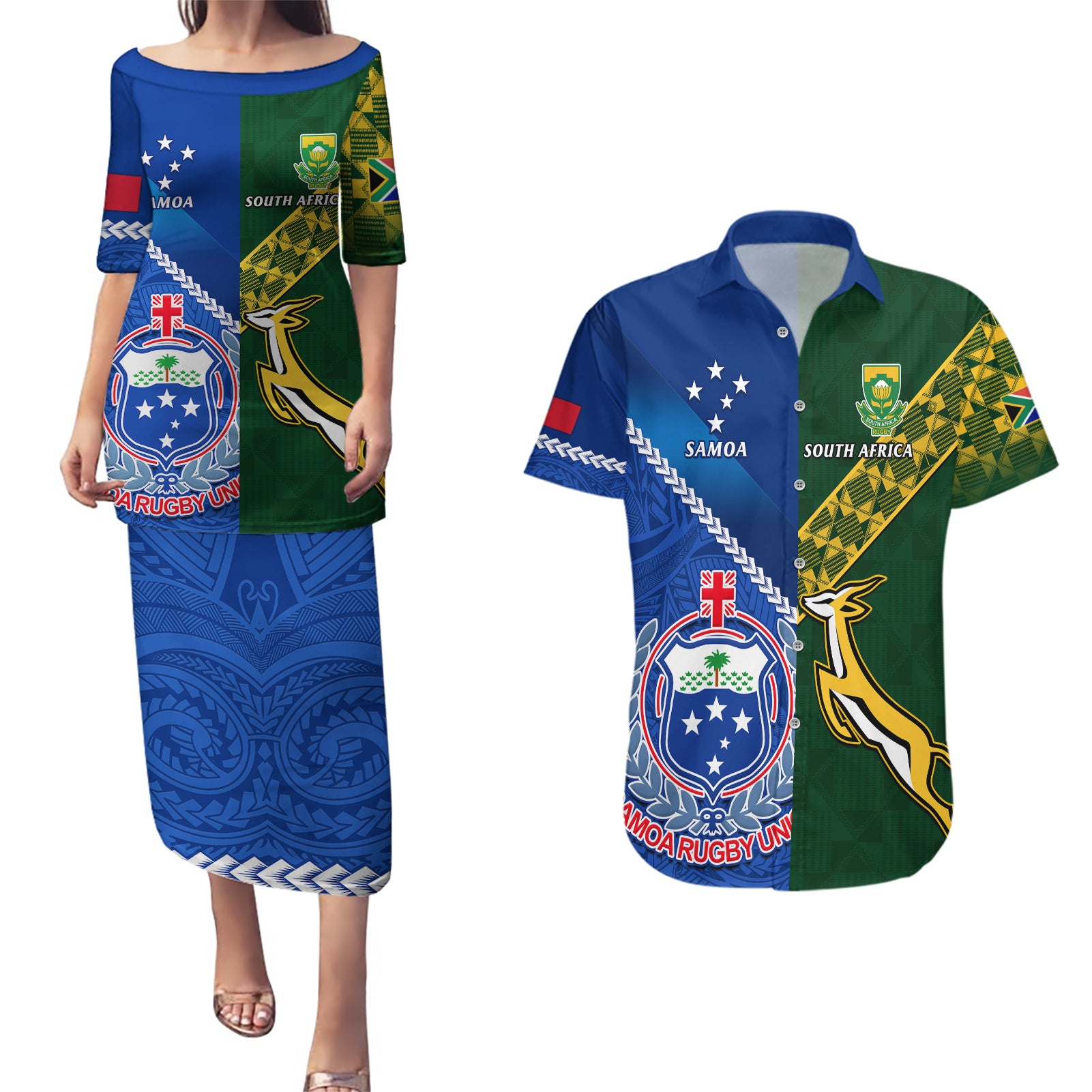 Samoa And South Africa Rugby Couples Matching Puletasi Dress and Hawaiian Shirt 2023 World Cup Manu Samoa With Springboks - Wonder Print Shop