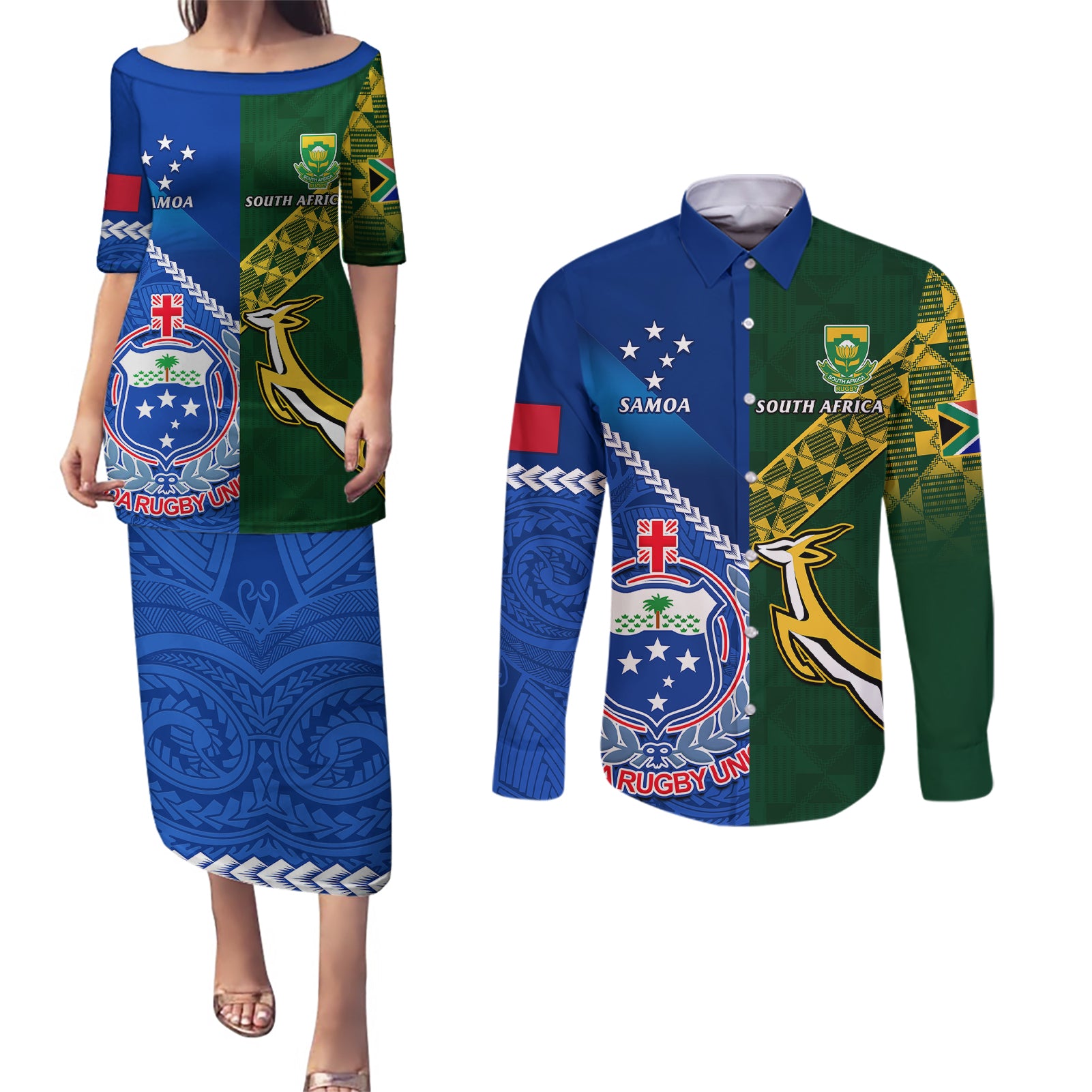 Samoa And South Africa Rugby Couples Matching Puletasi Dress and Long Sleeve Button Shirts 2023 World Cup Manu Samoa With Springboks - Wonder Print Shop