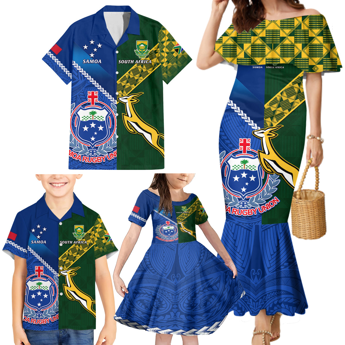 Samoa And South Africa Rugby Family Matching Mermaid Dress and Hawaiian Shirt 2023 World Cup Manu Samoa With Springboks - Wonder Print Shop