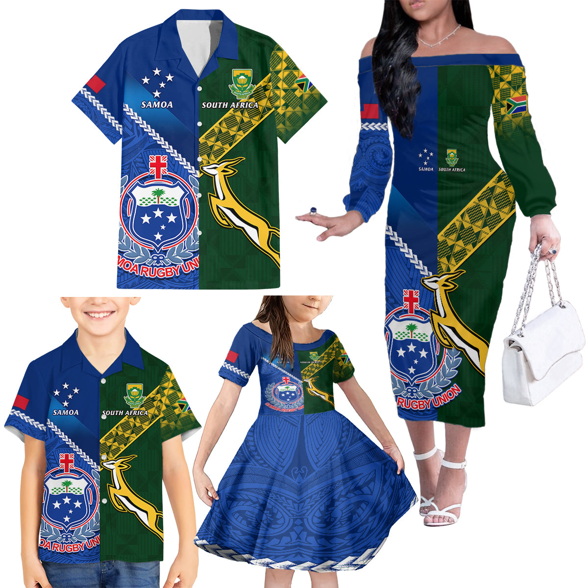 Samoa And South Africa Rugby Family Matching Off Shoulder Long Sleeve Dress and Hawaiian Shirt 2023 World Cup Manu Samoa With Springboks - Wonder Print Shop