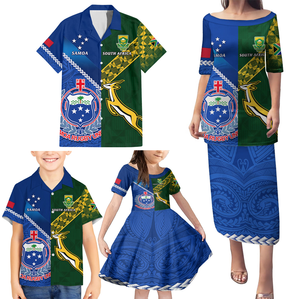 Samoa And South Africa Rugby Family Matching Puletasi Dress and Hawaiian Shirt 2023 World Cup Manu Samoa With Springboks - Wonder Print Shop