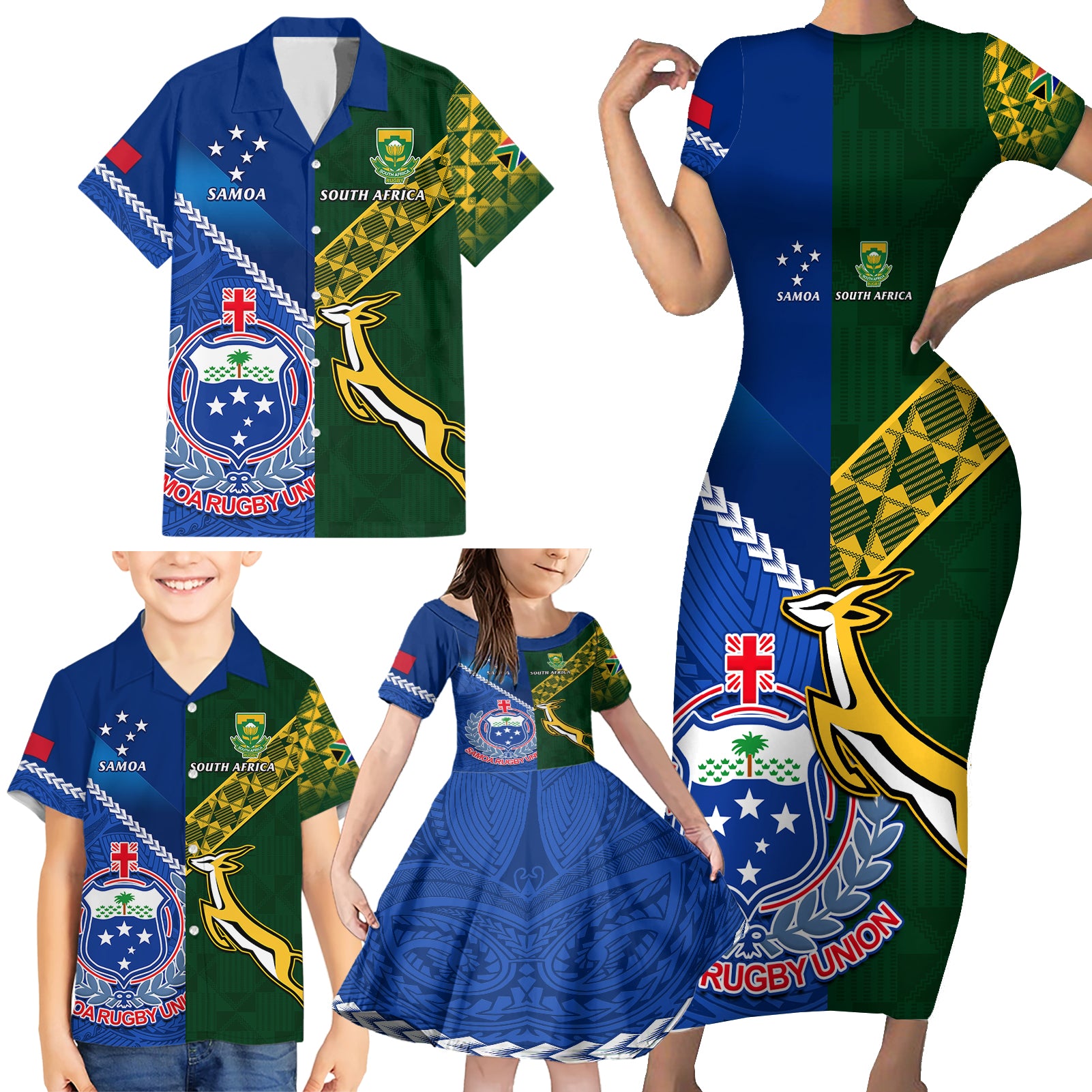 Samoa And South Africa Rugby Family Matching Short Sleeve Bodycon Dress and Hawaiian Shirt 2023 World Cup Manu Samoa With Springboks - Wonder Print Shop