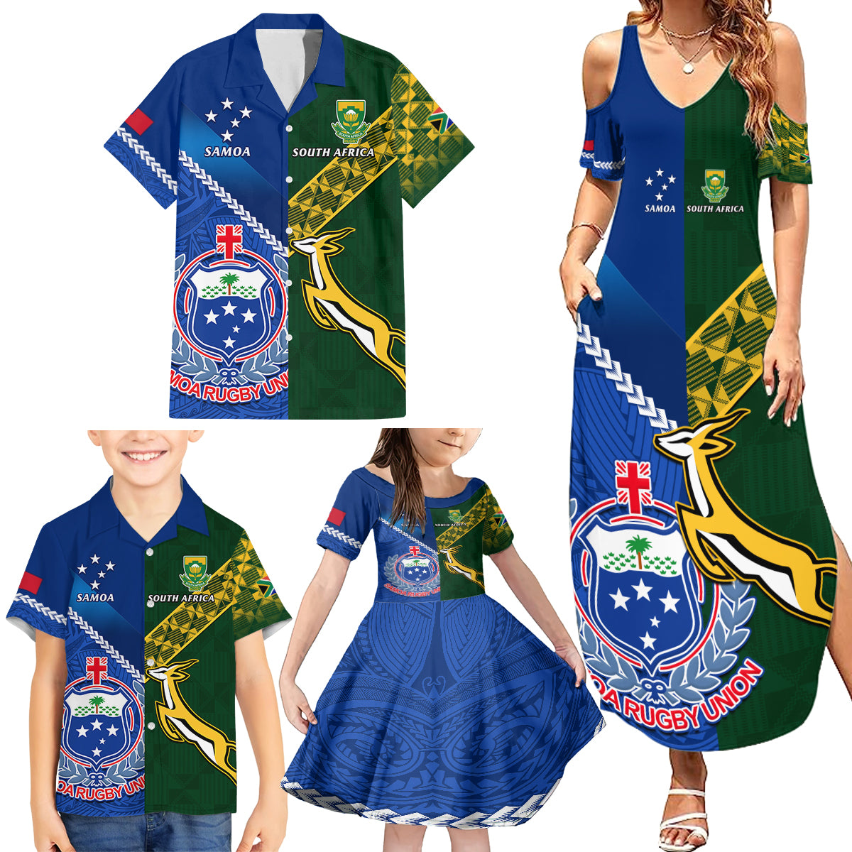 Samoa And South Africa Rugby Family Matching Summer Maxi Dress and Hawaiian Shirt 2023 World Cup Manu Samoa With Springboks - Wonder Print Shop