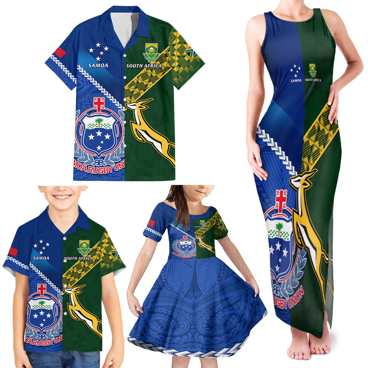 Samoa And South Africa Rugby Family Matching Tank Maxi Dress and Hawaiian Shirt 2023 World Cup Manu Samoa With Springboks - Wonder Print Shop