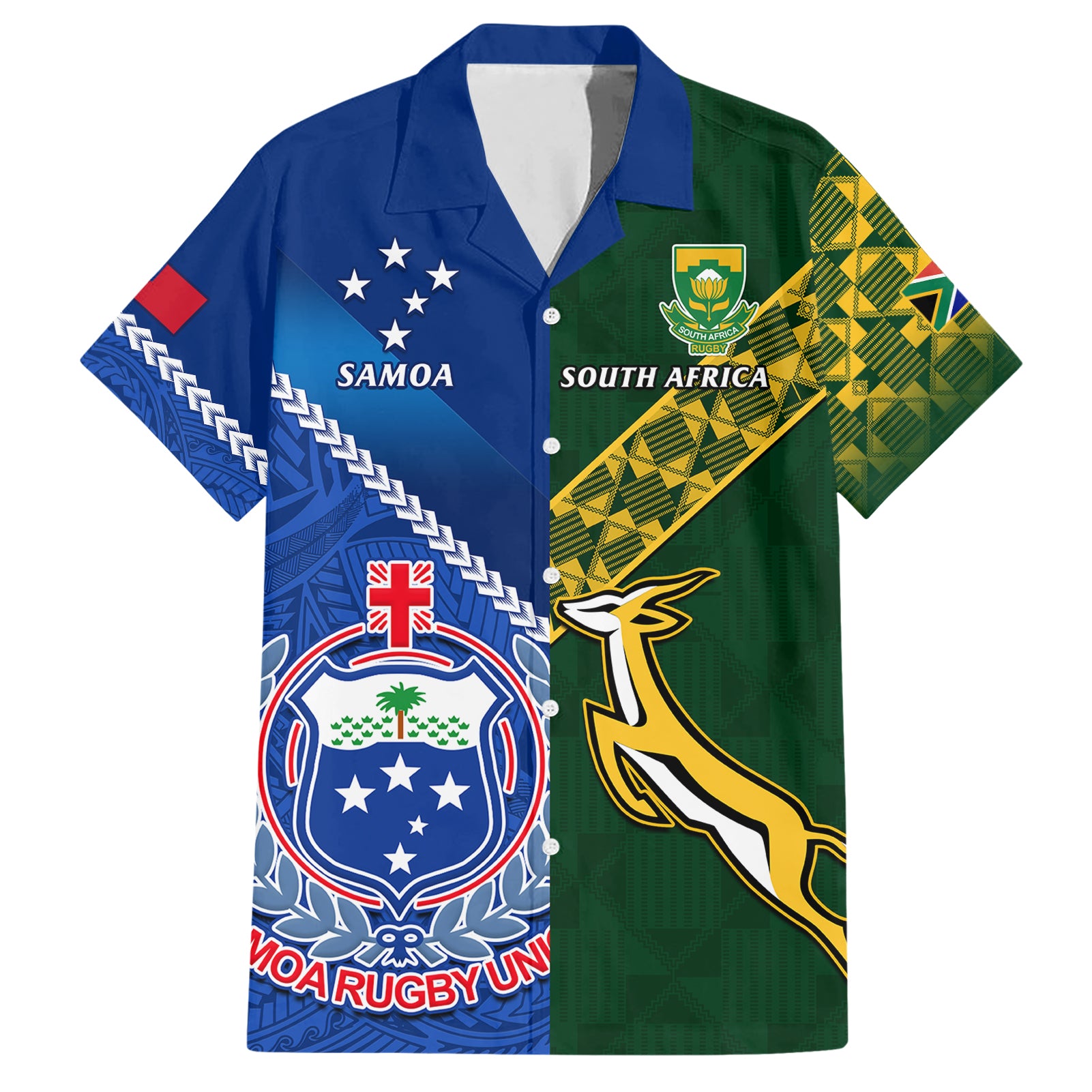 Samoa And South Africa Rugby Hawaiian Shirt 2023 World Cup Manu Samoa With Springboks - Wonder Print Shop