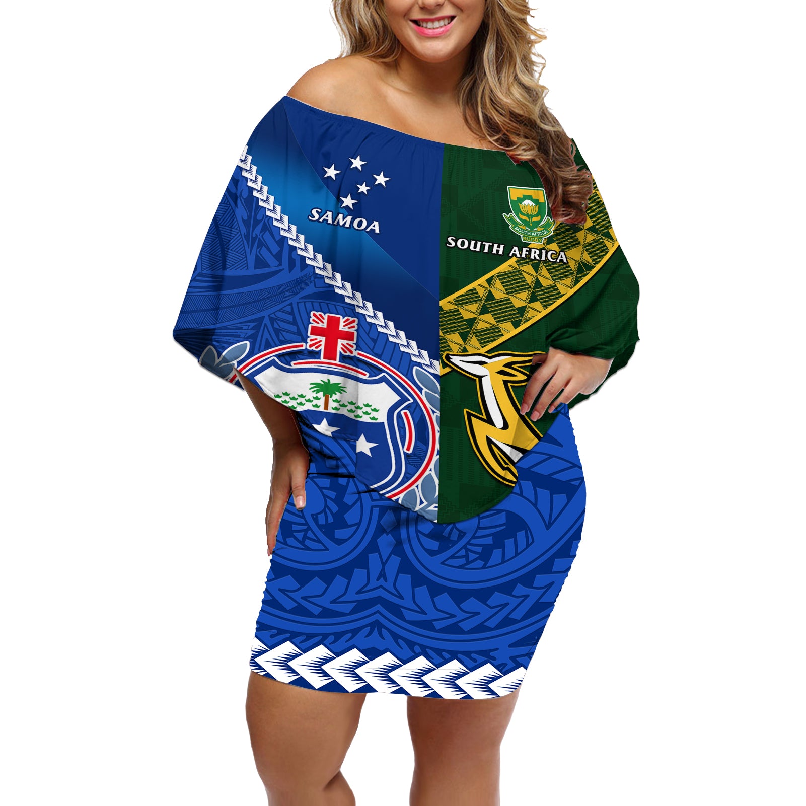 Samoa And South Africa Rugby Off Shoulder Short Dress 2023 World Cup Manu Samoa With Springboks - Wonder Print Shop