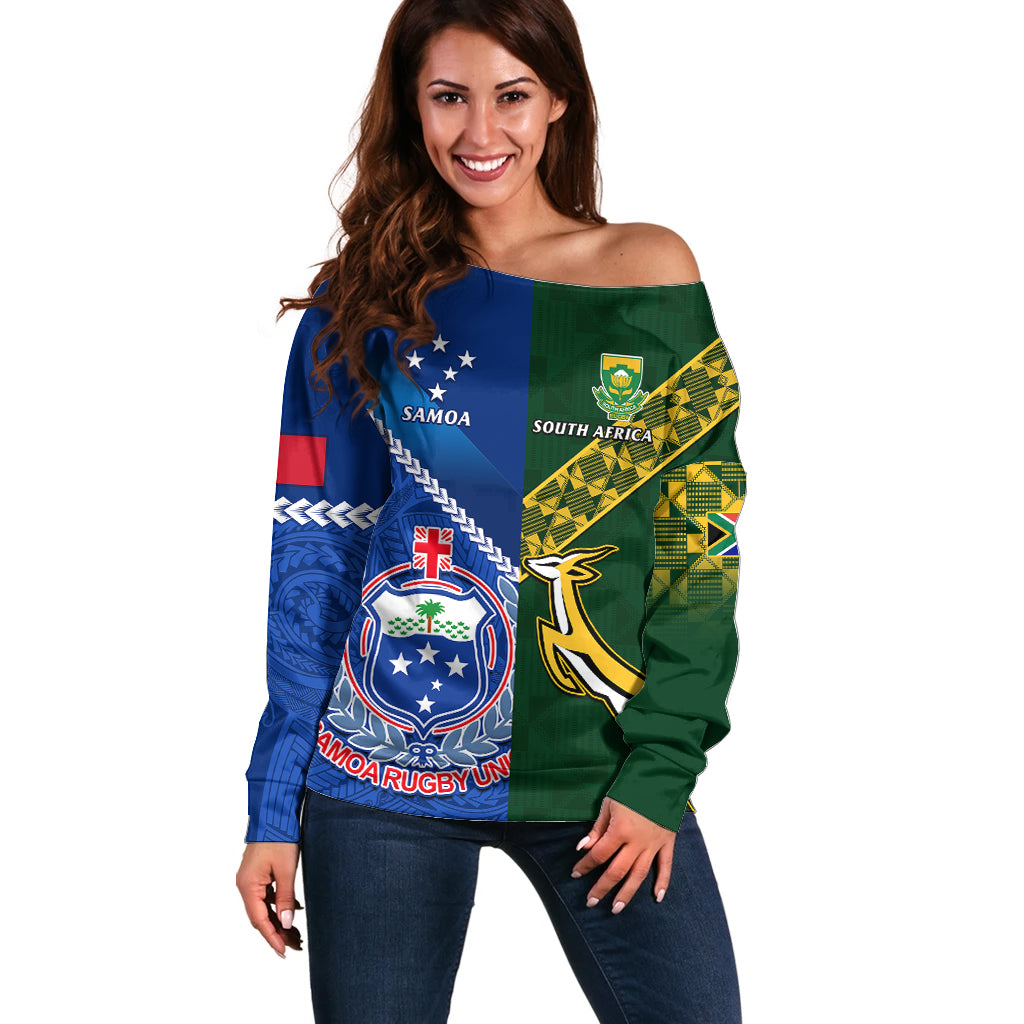 Samoa And South Africa Rugby Off Shoulder Sweater 2023 World Cup Manu Samoa With Springboks - Wonder Print Shop