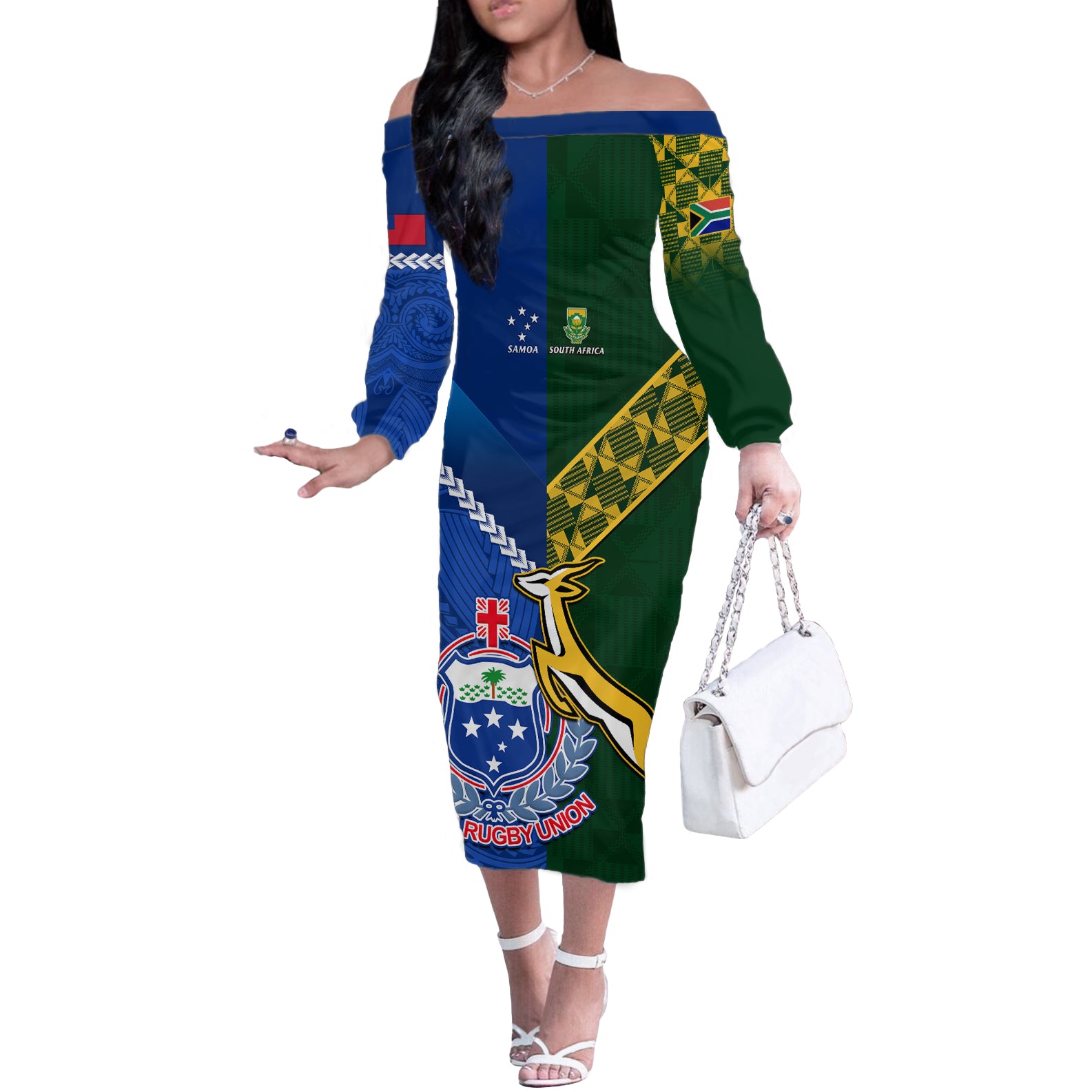 Samoa And South Africa Rugby Off The Shoulder Long Sleeve Dress 2023 World Cup Manu Samoa With Springboks - Wonder Print Shop