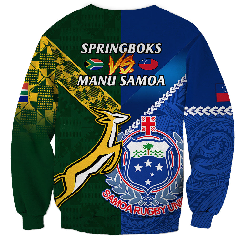 Rugby crewneck sweatshirt, green/blue back with Springboks vs Manu Samoa emblem
