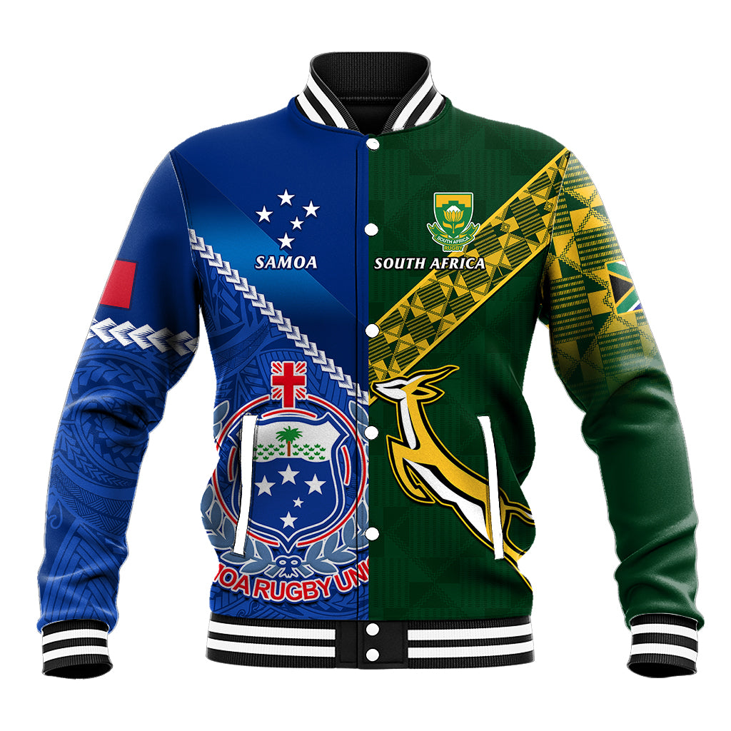Rugby baseball jacket with blue and green panels, Samoa and South Africa crests, ribbed trim