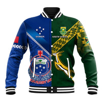 Rugby baseball jacket with blue and green panels, Samoa and South Africa crests, ribbed trim