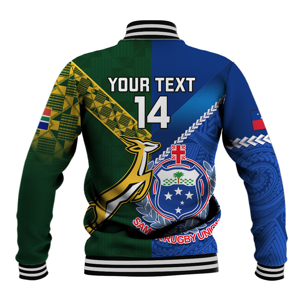 Rugby baseball jacket back with 'YOUR TEXT' and 14, blue/green panels, ribbed cuffs