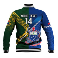 Rugby baseball jacket back with 'YOUR TEXT' and 14, blue/green panels, ribbed cuffs