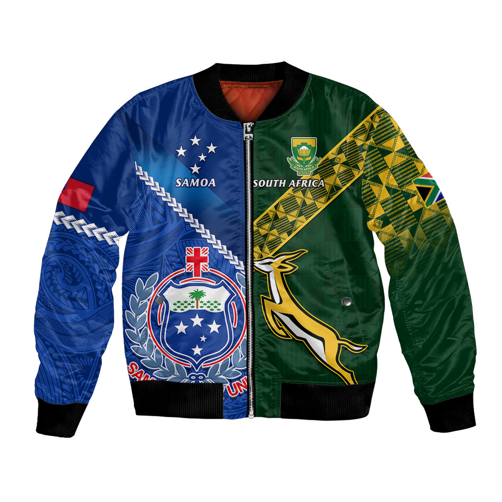 Two-tone rugby bomber jacket with front zipper and Samoa/South Africa style emblems