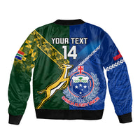 Two-tone rugby bomber jacket with number 14 print, emblem badge, and ribbed cuffs