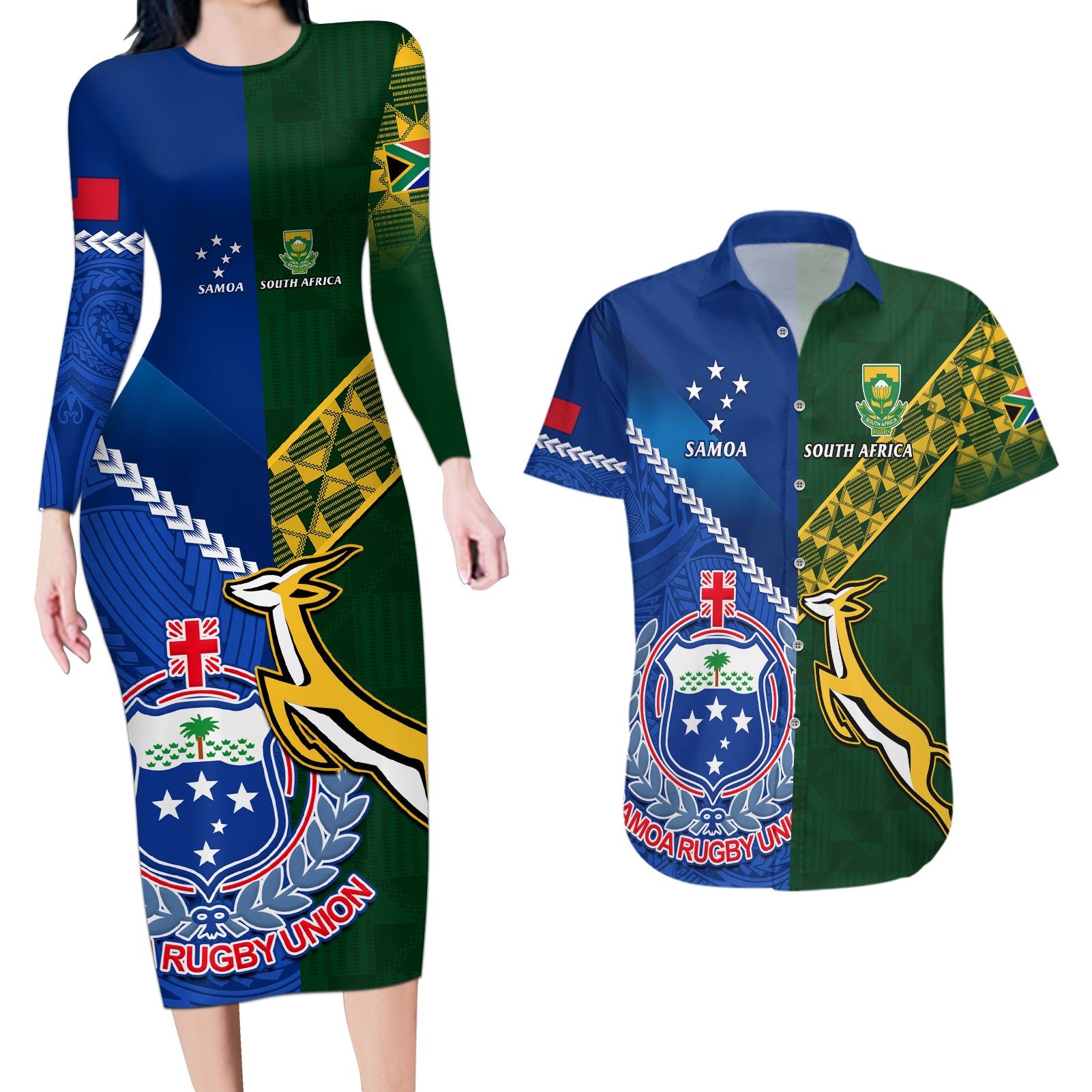 Custom Samoa And South Africa Rugby Couples Matching Long Sleeve Bodycon Dress and Hawaiian Shirt 2023 World Cup Manu Samoa With Springboks - Wonder Print Shop