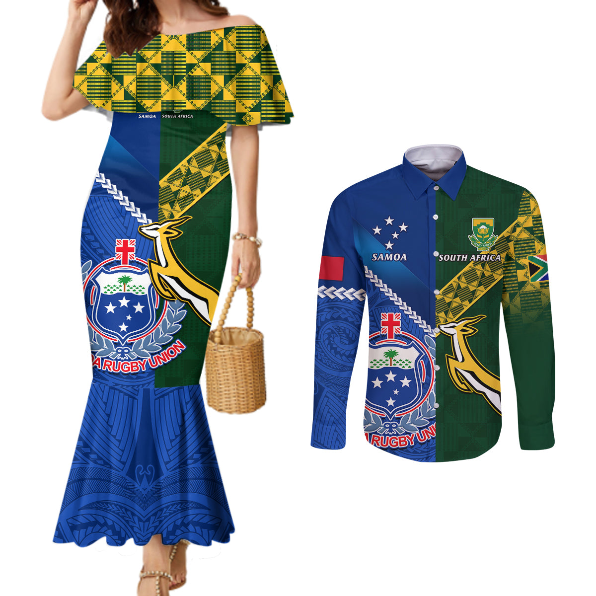 custom-samoa-and-south-africa-rugby-couples-matching-mermaid-dress-and-long-sleeve-button-shirts-2023-world-cup-manu-samoa-with-springboks