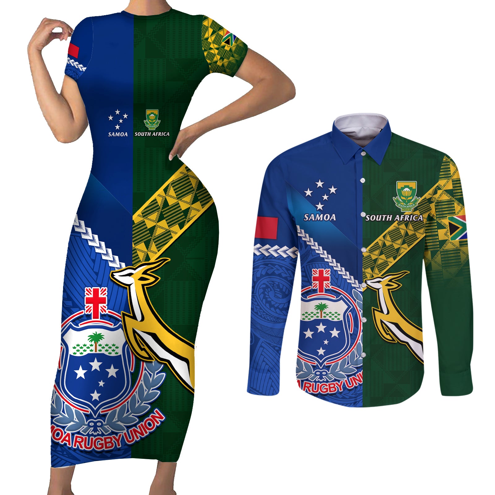 Custom Samoa And South Africa Rugby Couples Matching Short Sleeve Bodycon Dress and Long Sleeve Button Shirts 2023 World Cup Manu Samoa With Springboks - Wonder Print Shop