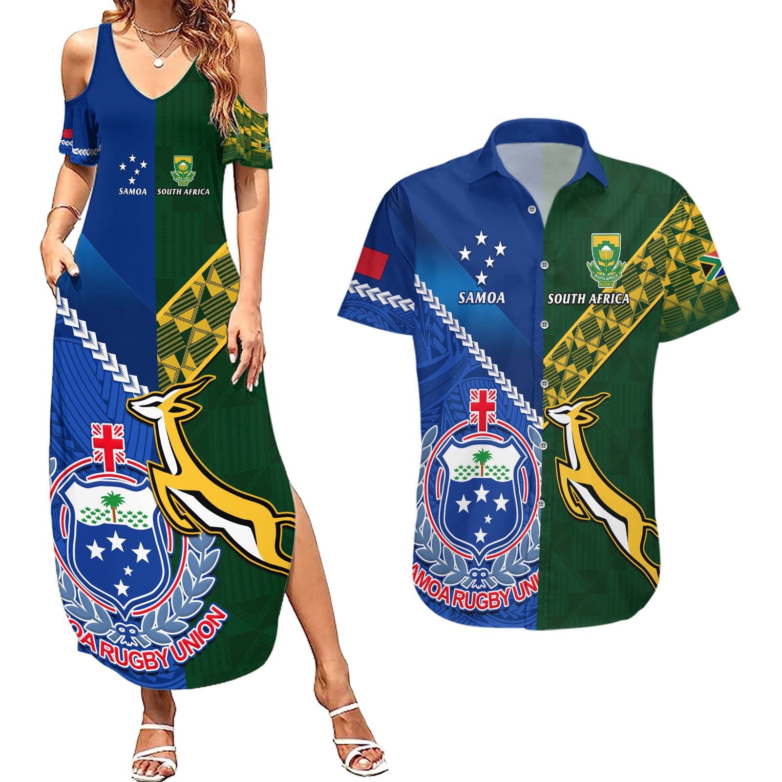 Custom Samoa And South Africa Rugby Couples Matching Summer Maxi Dress and Hawaiian Shirt 2023 World Cup Manu Samoa With Springboks - Wonder Print Shop