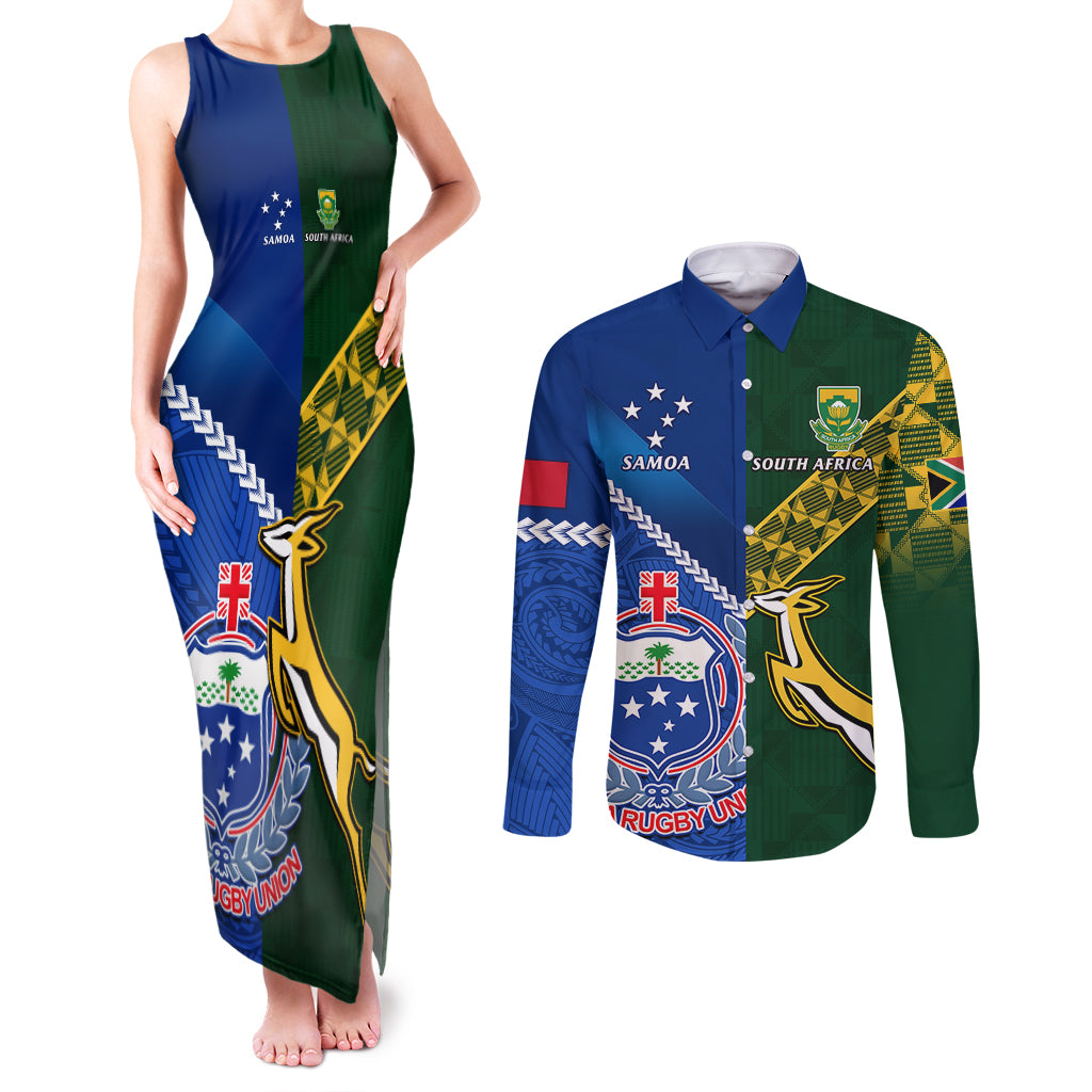 Custom Samoa And South Africa Rugby Couples Matching Tank Maxi Dress and Long Sleeve Button Shirts 2023 World Cup Manu Samoa With Springboks - Wonder Print Shop