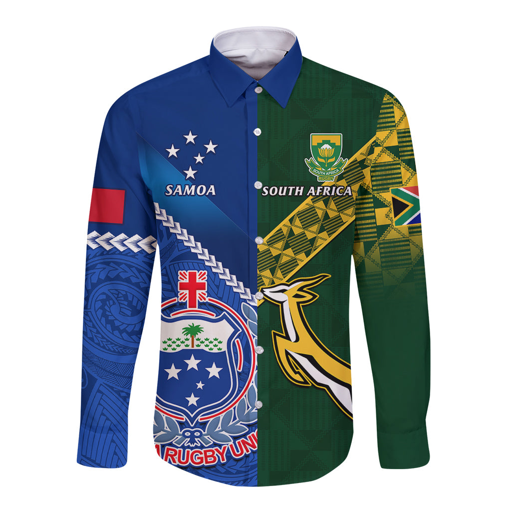 Long-sleeve rugby button-up shirt, blue and green panels with team emblems