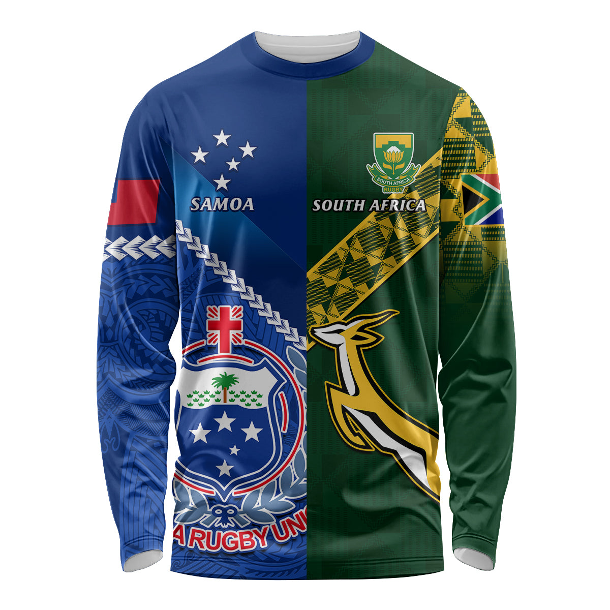 Custom Samoa And South Africa Rugby Long Sleeve Shirt 2023 World Cup Manu Samoa With Springboks - Wonder Print Shop