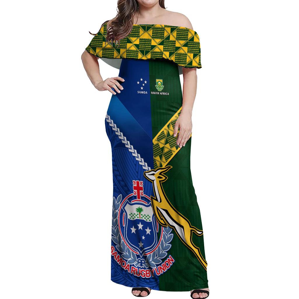 Custom Samoa And South Africa Rugby Off Shoulder Maxi Dress 2023 World Cup Manu Samoa With Springboks - Wonder Print Shop