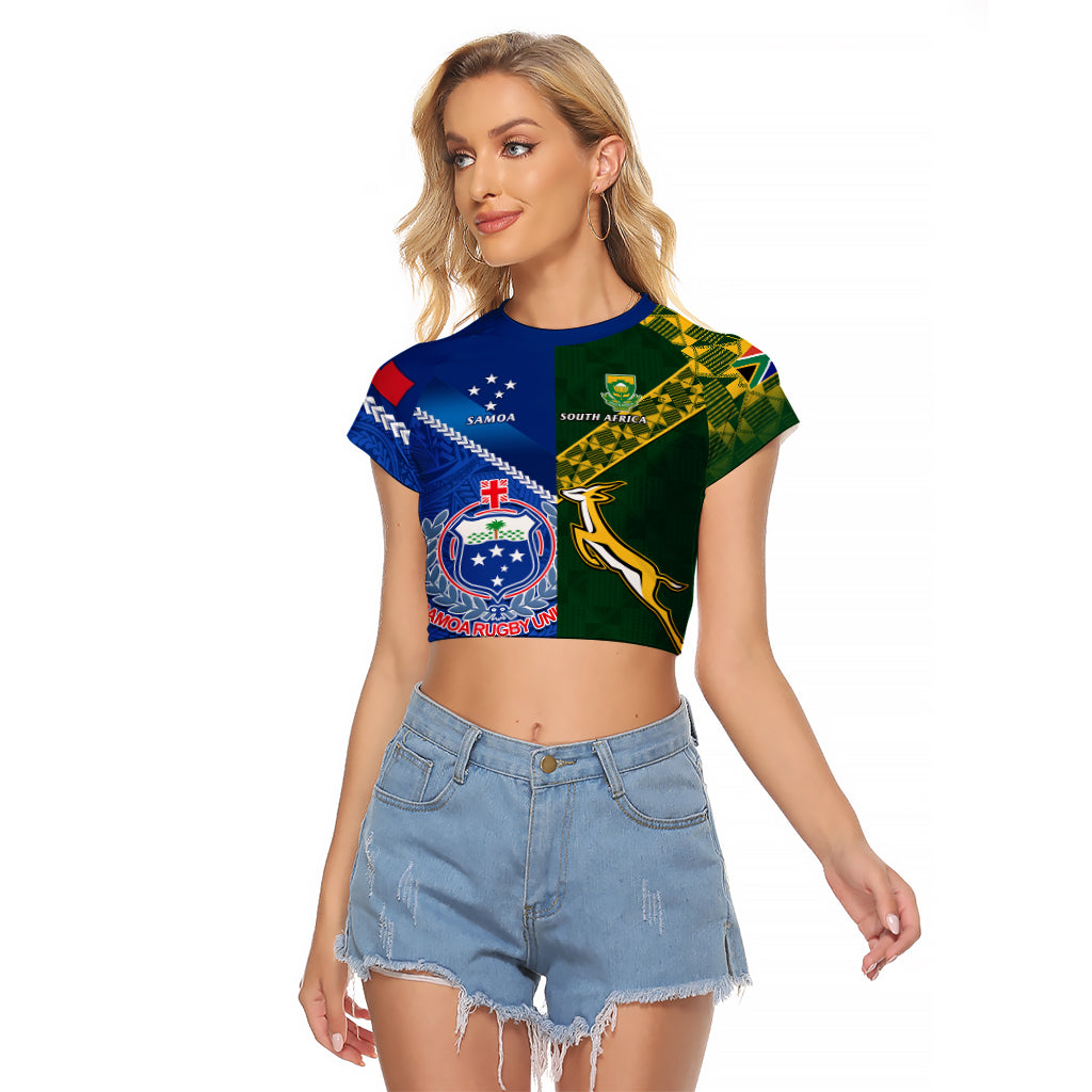 Custom Samoa And South Africa Rugby Raglan Cropped T Shirt 2023 World Cup Manu Samoa With Springboks - Wonder Print Shop